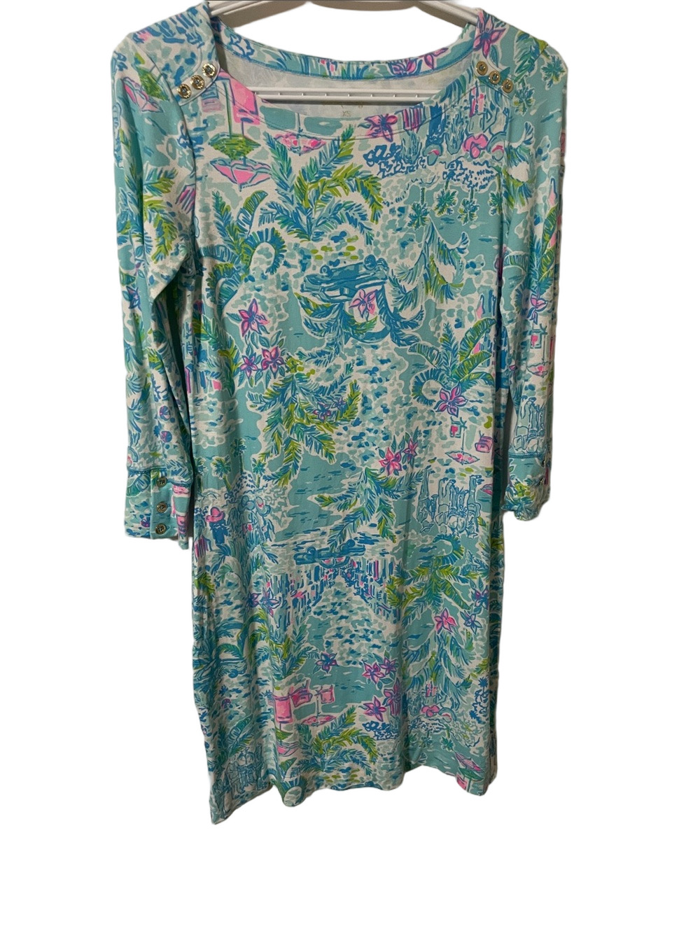 Lilly Pulitzer Aqua Tropical-Print Dress with Button Detail Size XS